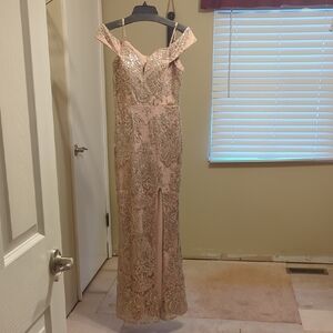 Elegant Pink and Gold Off-Shoulder Gown